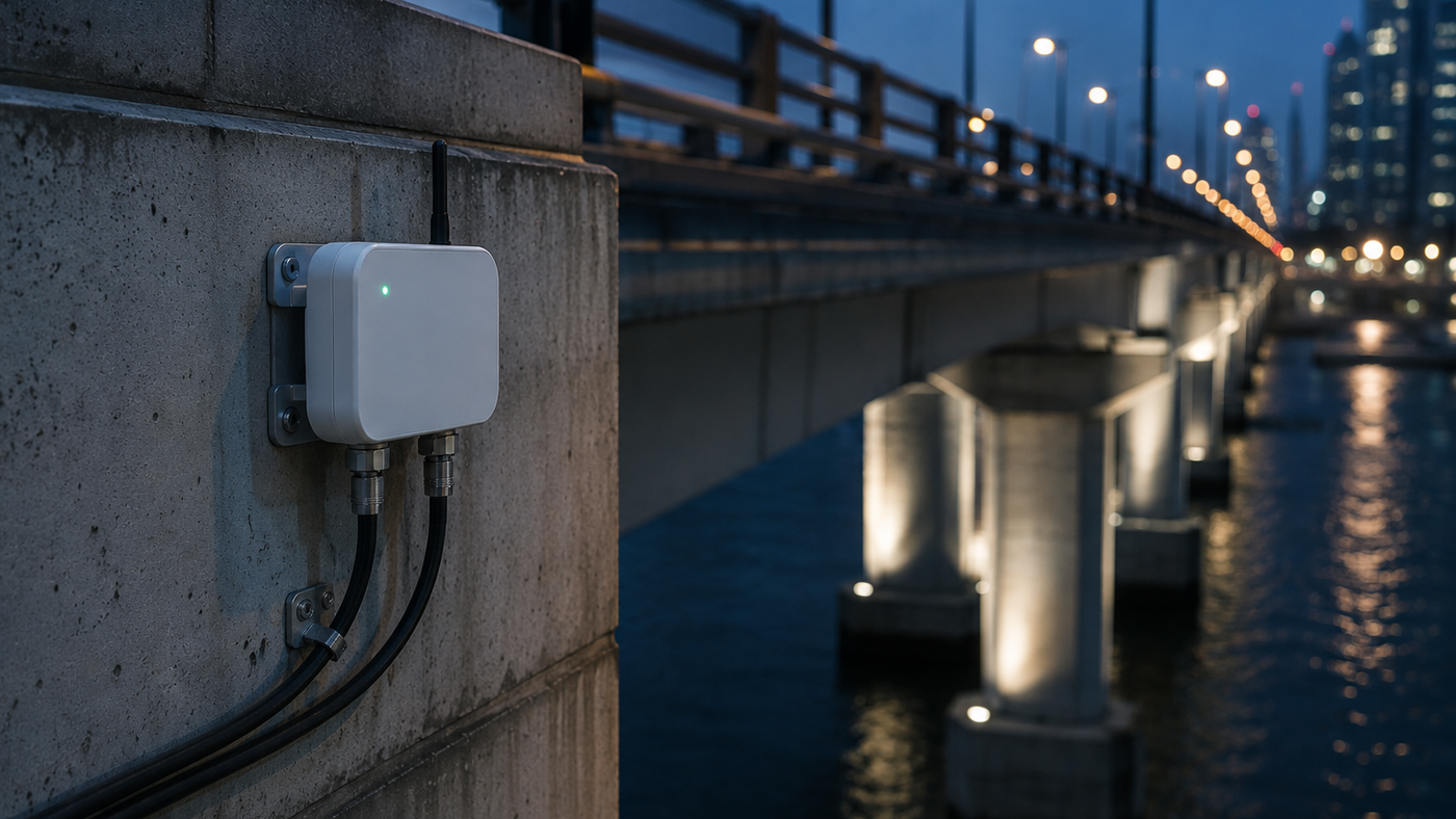 Connected infrastructure sensor mounted beside a bridge
